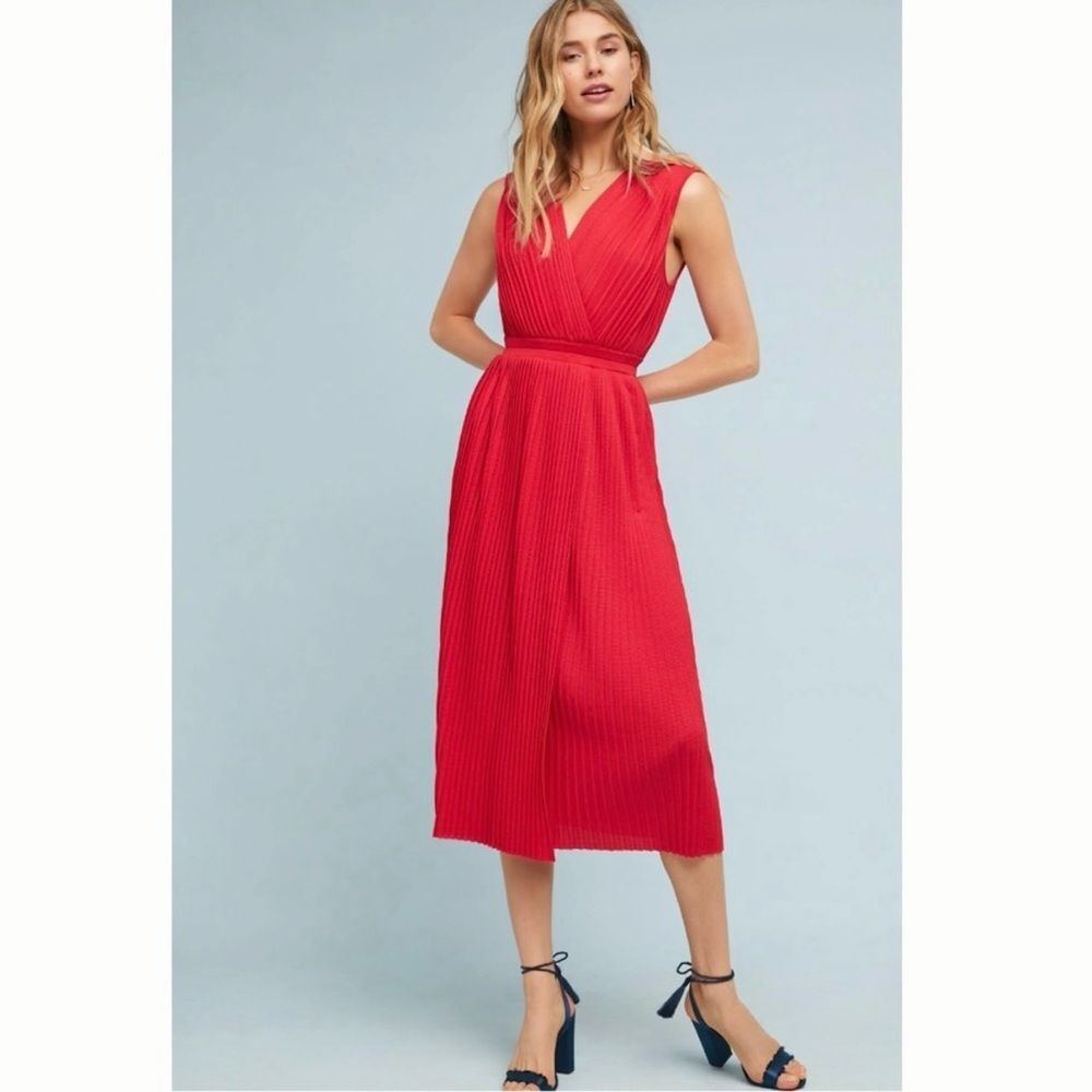 NWT Tracy Reese Size S Petite Pleated Surplice Midi Dress Mesh Back Red Lacquer